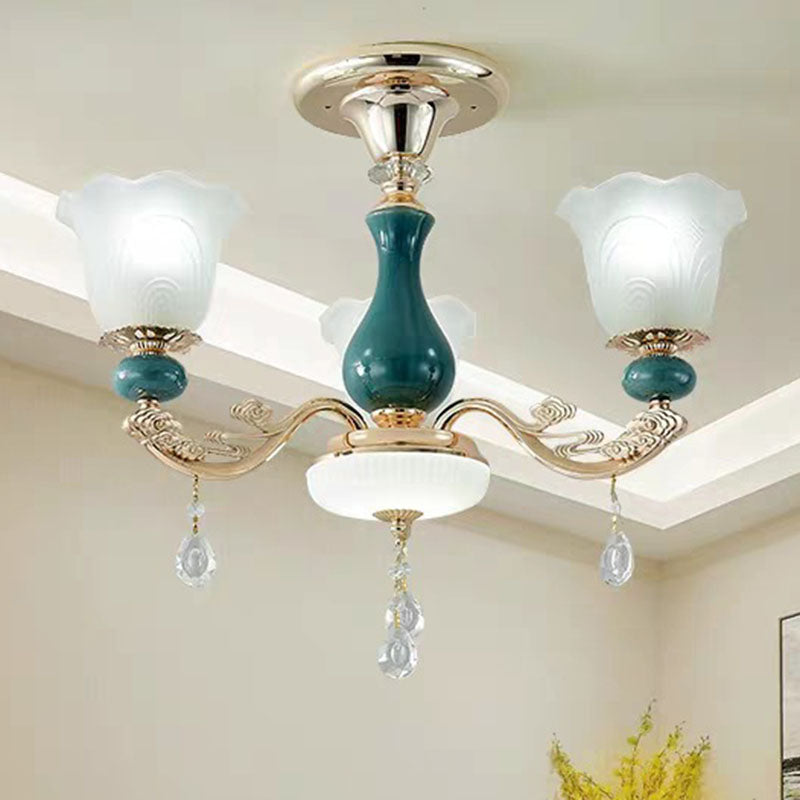 Blooming Ceiling Chandelier Modernist Frosted Glass Living Room Pendant Light Kit in Green 3 Green Clearhalo 'Ceiling Lights' 'Chandeliers' 'Modern Chandeliers' 'Modern' Lighting' 2029929