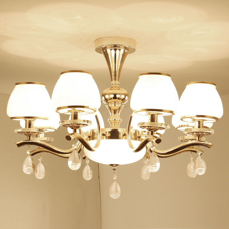 Gold Urn Shade Pendant Lighting Modernist White Glass Hanging Chandelier with Crystal Droplet 8 White Clearhalo 'Ceiling Lights' 'Chandeliers' 'Modern Chandeliers' 'Modern' Lighting' 2030010