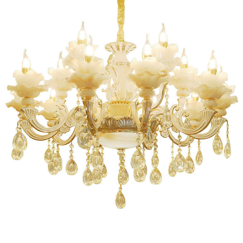 Gold Petal Chandelier Lamp Contemporary Jade Suspension Light with Crystal Draping Clearhalo 'Ceiling Lights' 'Chandeliers' 'Modern Chandeliers' 'Modern' Lighting' 2030119