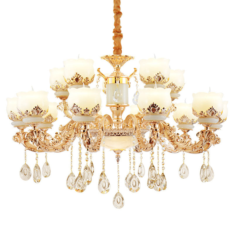 Minimal Chandelier Light Fixture Gold Blossom Crystal Pendant Lighting with Jade Shade Clearhalo 'Ceiling Lights' 'Chandeliers' 'Modern Chandeliers' 'Modern' Lighting' 2030127