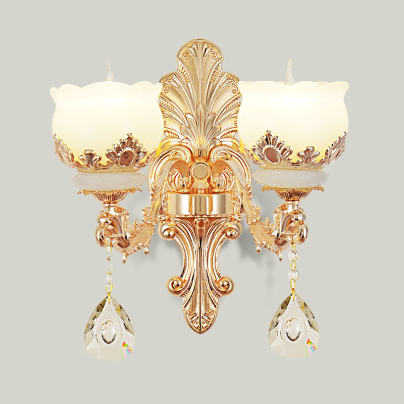 Minimal Chandelier Light Fixture Gold Blossom Crystal Pendant Lighting with Jade Shade 2 Gold Clearhalo 'Ceiling Lights' 'Chandeliers' 'Modern Chandeliers' 'Modern' Lighting' 2030132