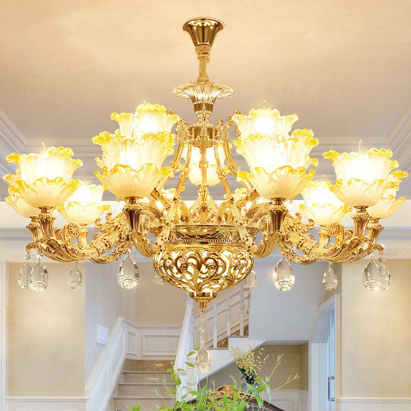 Petal Living Room Hanging Chandelier Amber Textured Glass Modernism Pendant Light Fixture in Gold Clearhalo 'Ceiling Lights' 'Chandeliers' 'Modern Chandeliers' 'Modern' Lighting' 2030266