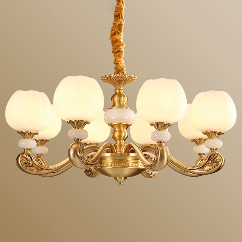 Opal Glass Bud Pendant Chandelier Modern Style Brass Suspension Lighting with Curved Arm Clearhalo 'Ceiling Lights' 'Chandeliers' 'Modern Chandeliers' 'Modern' Lighting' 2030292