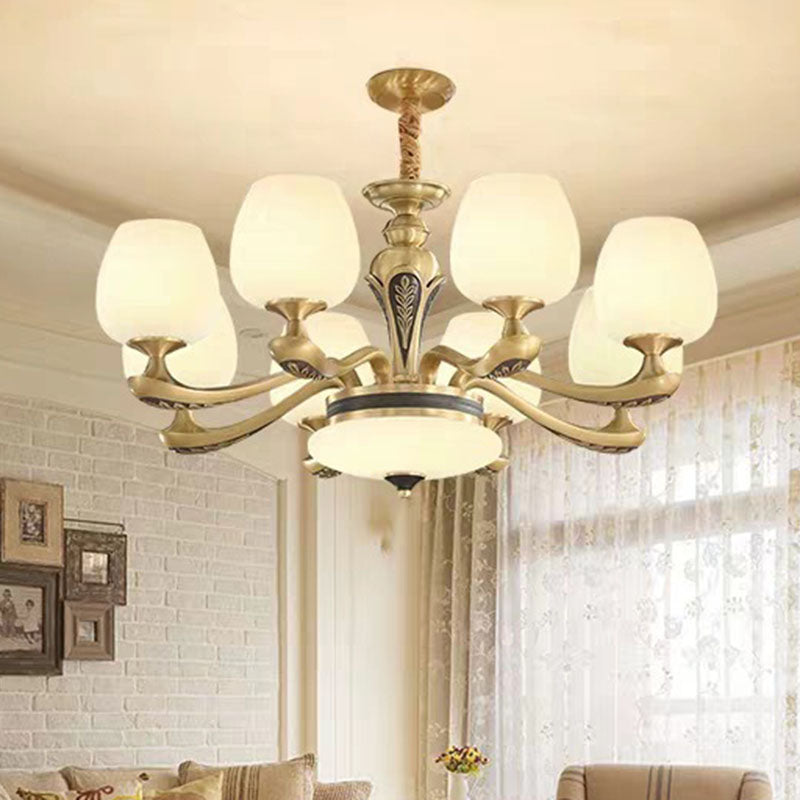 Tulip White Glass Hanging Chandelier Contemporary Gold Suspension Pendant Light for Living Room White Clearhalo 'Ceiling Lights' 'Chandeliers' 'Modern Chandeliers' 'Modern' Lighting' 2030345