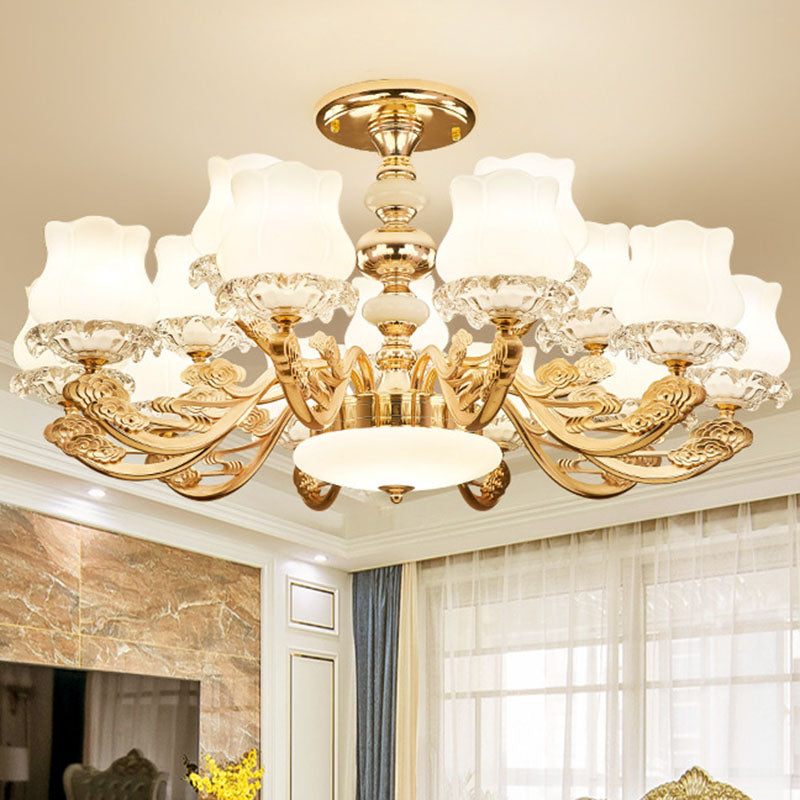 Simplicity Flower Semi Mount Lighting Opal Glass Living Room Ceiling Light Fixture in Gold Clearhalo 'Ceiling Lights' 'Close To Ceiling Lights' 'Close to ceiling' 'Semi-flushmount' Lighting' 2030462