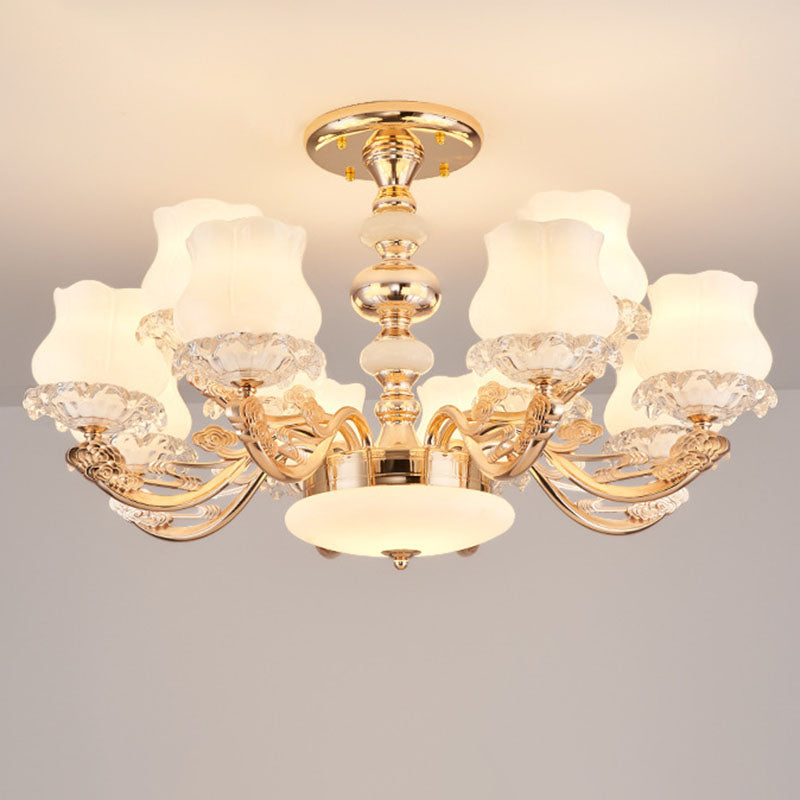 Simplicity Flower Semi Mount Lighting Opal Glass Living Room Ceiling Light Fixture in Gold 12 Gold Clearhalo 'Ceiling Lights' 'Close To Ceiling Lights' 'Close to ceiling' 'Semi-flushmount' Lighting' 2030464