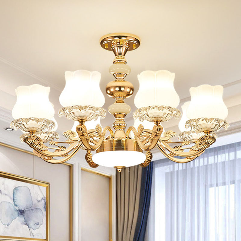 Simplicity Flower Semi Mount Lighting Opal Glass Living Room Ceiling Light Fixture in Gold Clearhalo 'Ceiling Lights' 'Close To Ceiling Lights' 'Close to ceiling' 'Semi-flushmount' Lighting' 2030467