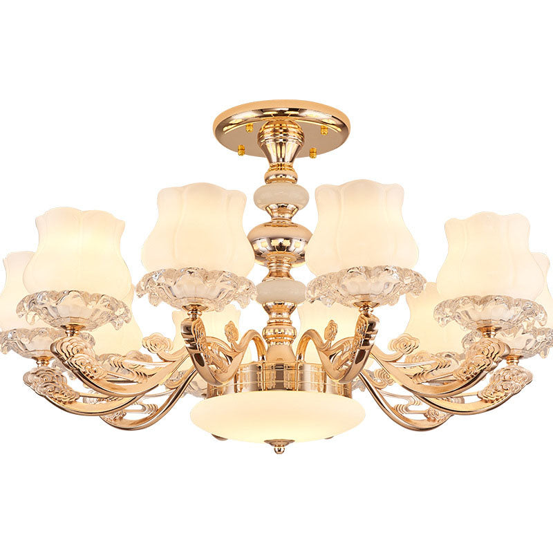 Simplicity Flower Semi Mount Lighting Opal Glass Living Room Ceiling Light Fixture in Gold Clearhalo 'Ceiling Lights' 'Close To Ceiling Lights' 'Close to ceiling' 'Semi-flushmount' Lighting' 2030468