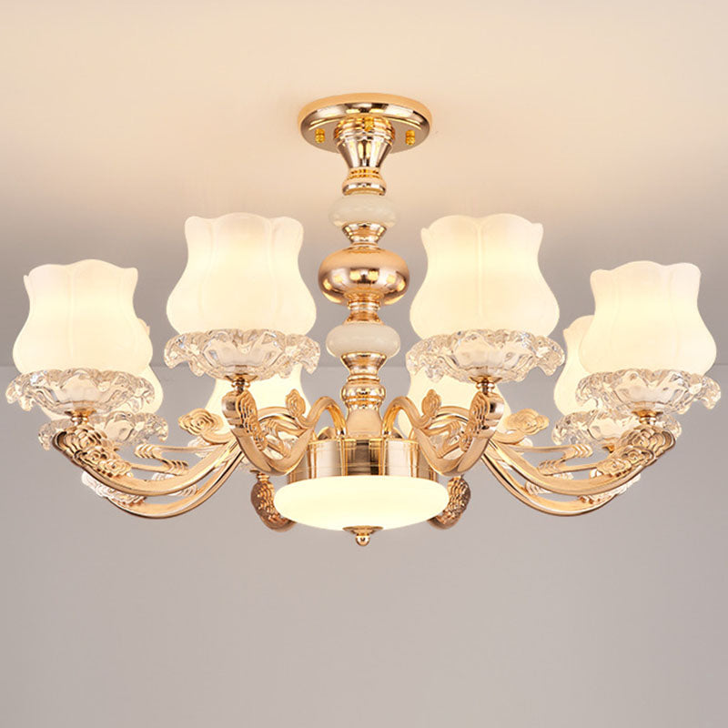 Simplicity Flower Semi Mount Lighting Opal Glass Living Room Ceiling Light Fixture in Gold 8 Gold Clearhalo 'Ceiling Lights' 'Close To Ceiling Lights' 'Close to ceiling' 'Semi-flushmount' Lighting' 2030469