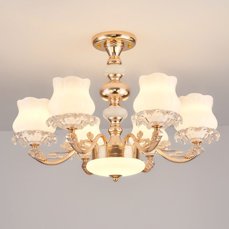 Simplicity Flower Semi Mount Lighting Opal Glass Living Room Ceiling Light Fixture in Gold 6 Gold Clearhalo 'Ceiling Lights' 'Close To Ceiling Lights' 'Close to ceiling' 'Semi-flushmount' Lighting' 2030470