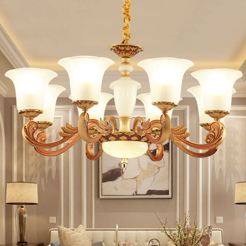 Morning Glory Frosted Glass Chandelier Modernist Gold Pendant Lighting Fixture for Bedroom 8 Gold Clearhalo 'Ceiling Lights' 'Chandeliers' 'Modern Chandeliers' 'Modern' Lighting' 2030539