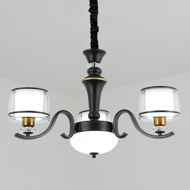 Dual Cylinder Pendant Lighting Modernist Clear and White Glass Black Chandelier Light Fixture for Living Room 3 Black Clearhalo 'Ceiling Lights' 'Chandeliers' 'Glass shade' 'Glass' 'Modern Chandeliers' 'Modern' Lighting' 2030618