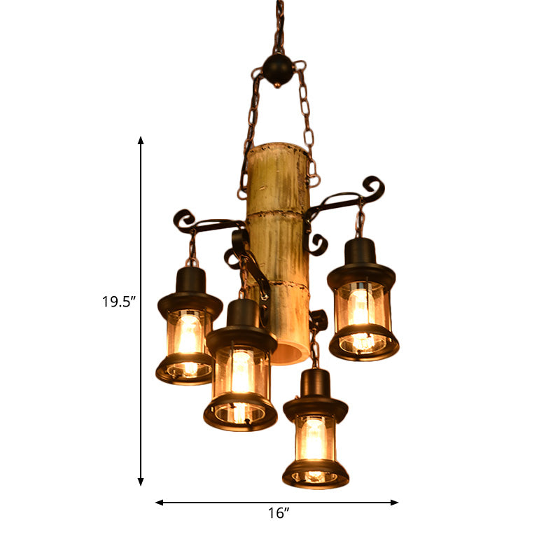 Black Pendant Lighting 4 Light Lantern/Candle Coastal Clear Glass/Marble Chandelier Light Fixture with Bamboo Shelf Clearhalo 'Cast Iron' 'Ceiling Lights' 'Chandeliers' 'Industrial Chandeliers' 'Industrial' 'Metal' 'Middle Century Chandeliers' 'Rustic Chandeliers' 'Tiffany' Lighting' 203065