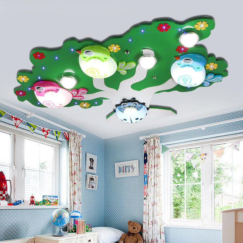 Bird Bedroom Flush Mount Fixture Resin LED Cartoon Flush Ceiling Light with Tree Decor Green Clearhalo 'Ceiling Lights' 'Close To Ceiling Lights' 'Close to ceiling' 'Flush mount' Lighting' 2030823