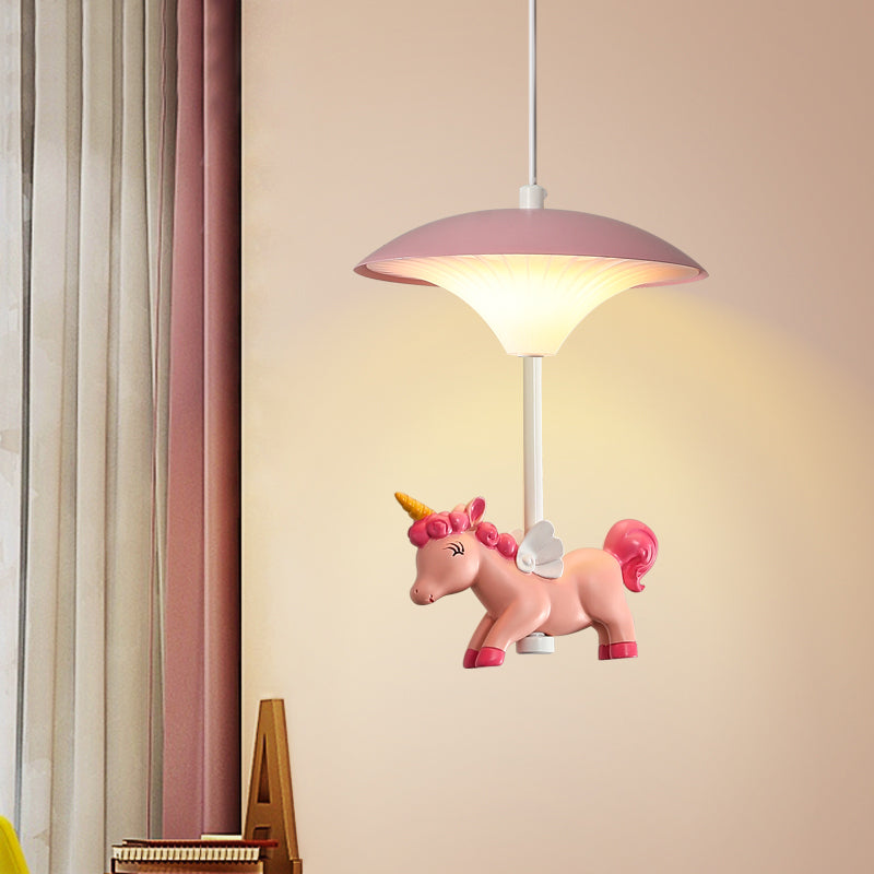 Pink Mushroom Ceiling Lamp Kid LED Metal Hanging Light Fixture with Cartoon Figurine for Bedroom Clearhalo 'Ceiling Lights' 'Pendant Lights' 'Pendants' Lighting' 2030854