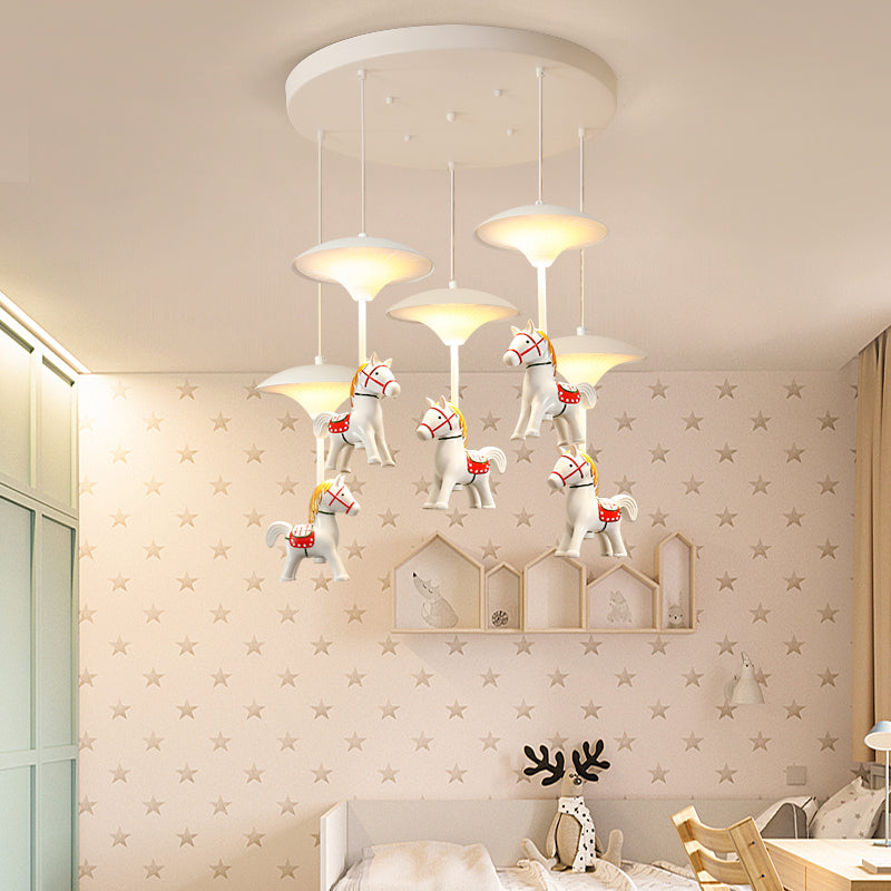 Cartoon LED Ceiling Pendant White Horse Multiple Hanging Light with Metal Shade for Bedroom Clearhalo 'Ceiling Lights' 'Pendant Lights' 'Pendants' Lighting' 2030861