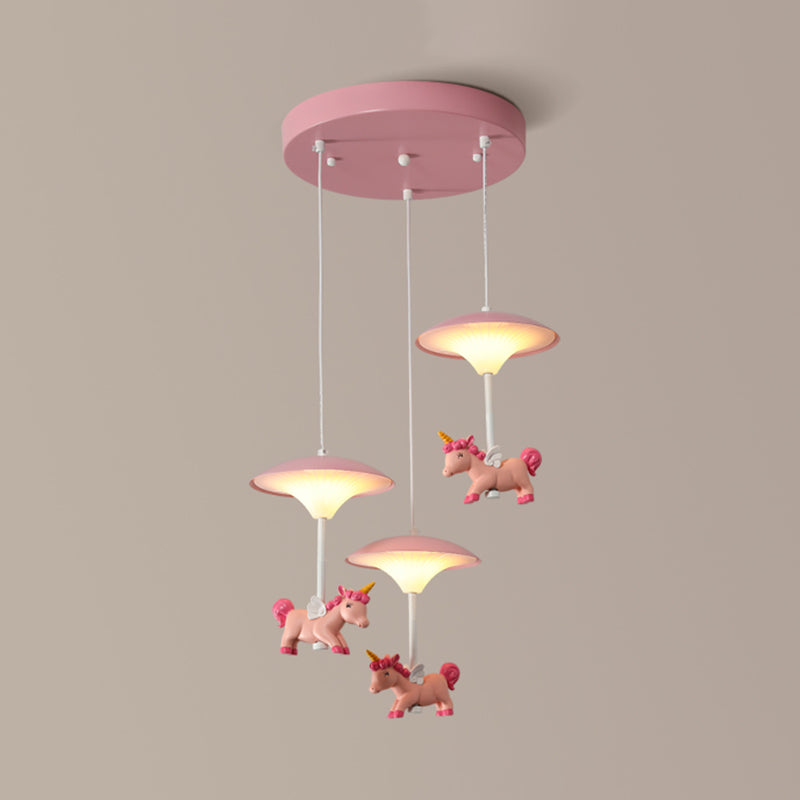 Mushroom Shade Bedroom Multi Pendant Metal LED Kid Ceiling Pendant with Unicorn Deco, Pink Clearhalo 'Ceiling Lights' 'Pendant Lights' 'Pendants' Lighting' 2030878