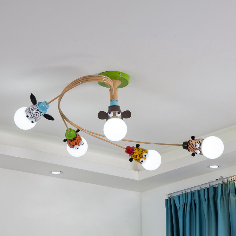 Cartoon Curved Ceiling Hang Fixture Metal Bedroom Semi Flush Mount Light in Coffee 5 Coffee Clearhalo 'Ceiling Lights' 'Close To Ceiling Lights' 'Close to ceiling' 'Semi-flushmount' Lighting' 2030882