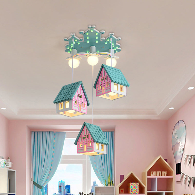 House Shaped Nursery Ceiling Lamp Wood 6 Bulbs Creative Chandelier Pendant Lighting Clearhalo 'Ceiling Lights' 'Pendant Lights' 'Pendants' Lighting' 2030901