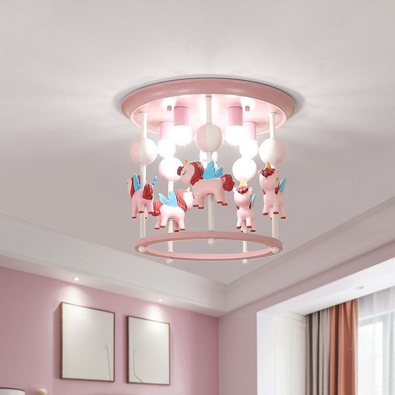 Merry-Go-Round Nursery Flush Ceiling Light Resin 6 Heads Kid Semi Flush Mount Light Fixture Pink A Clearhalo 'Ceiling Lights' 'Close To Ceiling Lights' 'Close to ceiling' 'Flush mount' Lighting' 2030972