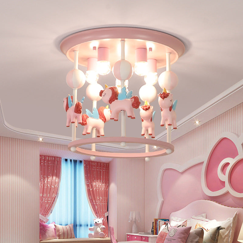 Merry-Go-Round Nursery Flush Ceiling Light Resin 6 Heads Kid Semi Flush Mount Light Fixture Clearhalo 'Ceiling Lights' 'Close To Ceiling Lights' 'Close to ceiling' 'Flush mount' Lighting' 2030973