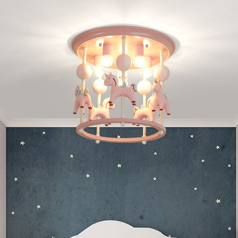 Merry-Go-Round Nursery Flush Ceiling Light Resin 6 Heads Kid Semi Flush Mount Light Fixture Clearhalo 'Ceiling Lights' 'Close To Ceiling Lights' 'Close to ceiling' 'Flush mount' Lighting' 2030976