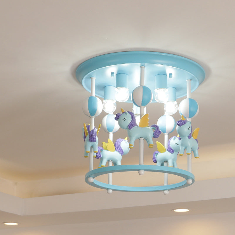 Merry-Go-Round Nursery Flush Ceiling Light Resin 6 Heads Kid Semi Flush Mount Light Fixture Clearhalo 'Ceiling Lights' 'Close To Ceiling Lights' 'Close to ceiling' 'Flush mount' Lighting' 2030980