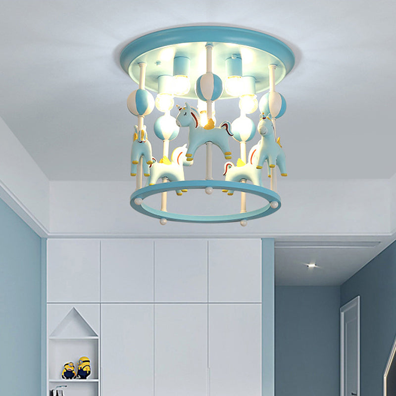 Merry-Go-Round Nursery Flush Ceiling Light Resin 6 Heads Kid Semi Flush Mount Light Fixture Blue B Clearhalo 'Ceiling Lights' 'Close To Ceiling Lights' 'Close to ceiling' 'Flush mount' Lighting' 2030981