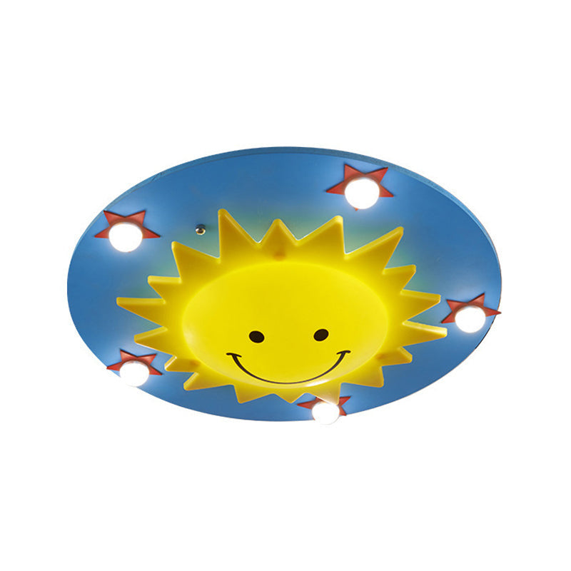 Kid Sun Flushmount Ceiling Fixture Wood 6 Bulbs Bedroom Flush Ceiling Light in Blue Blue Clearhalo 'Ceiling Lights' 'Close To Ceiling Lights' 'Close to ceiling' 'Flush mount' Lighting' 2031005