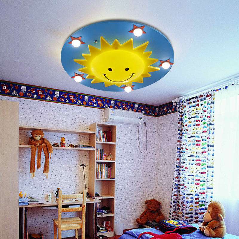 Kid Sun Flushmount Ceiling Fixture Wood 6 Bulbs Bedroom Flush Ceiling Light in Blue Clearhalo 'Ceiling Lights' 'Close To Ceiling Lights' 'Close to ceiling' 'Flush mount' Lighting' 2031006