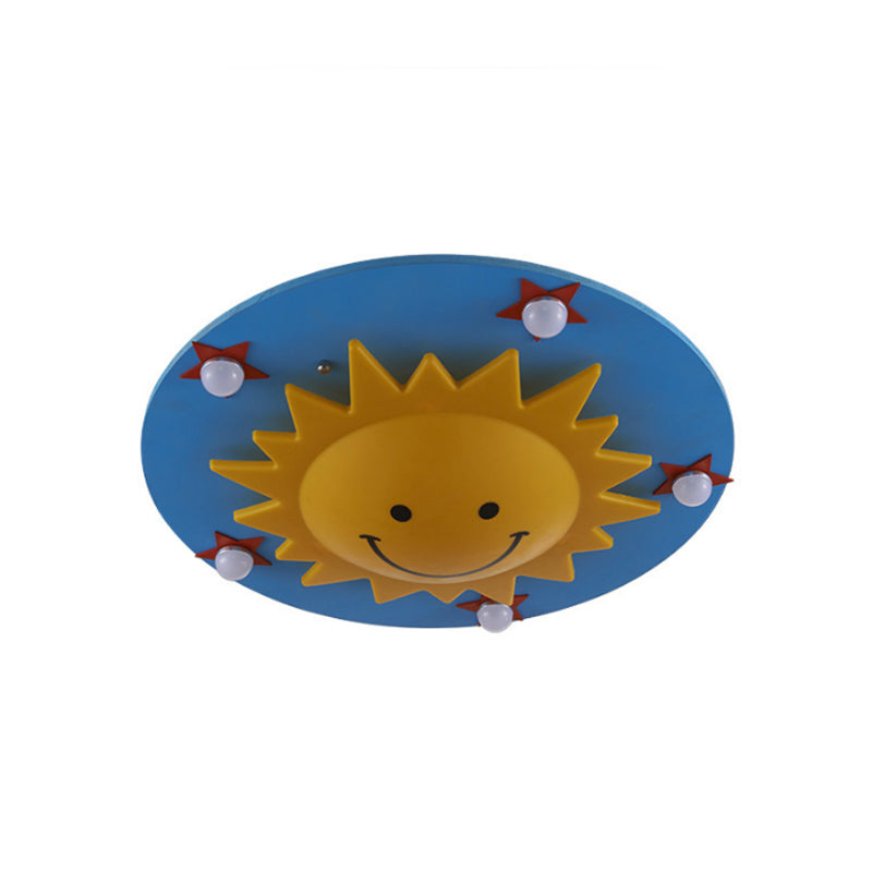 Kid Sun Flushmount Ceiling Fixture Wood 6 Bulbs Bedroom Flush Ceiling Light in Blue Clearhalo 'Ceiling Lights' 'Close To Ceiling Lights' 'Close to ceiling' 'Flush mount' Lighting' 2031007