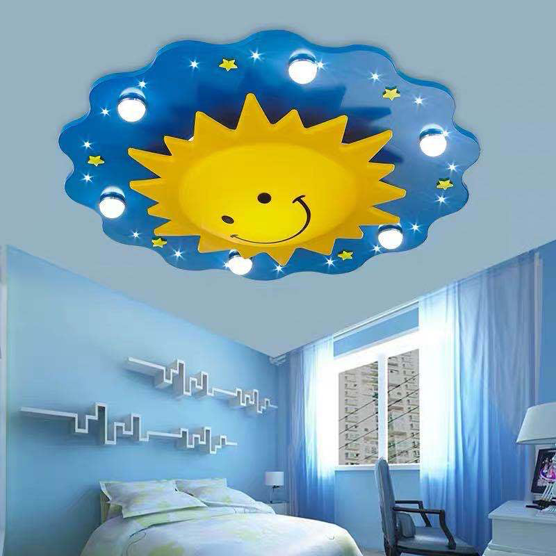 Blue Sun Flush Mount Lamp Cartoon 7 Heads Wood Flushmount Ceiling Fixture for Nursery Clearhalo 'Ceiling Lights' 'Close To Ceiling Lights' 'Close to ceiling' 'Flush mount' Lighting' 2031012