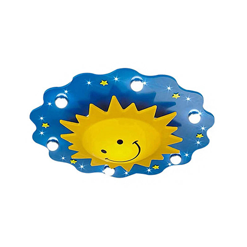 Blue Sun Flush Mount Lamp Cartoon 7 Heads Wood Flushmount Ceiling Fixture for Nursery Clearhalo 'Ceiling Lights' 'Close To Ceiling Lights' 'Close to ceiling' 'Flush mount' Lighting' 2031014