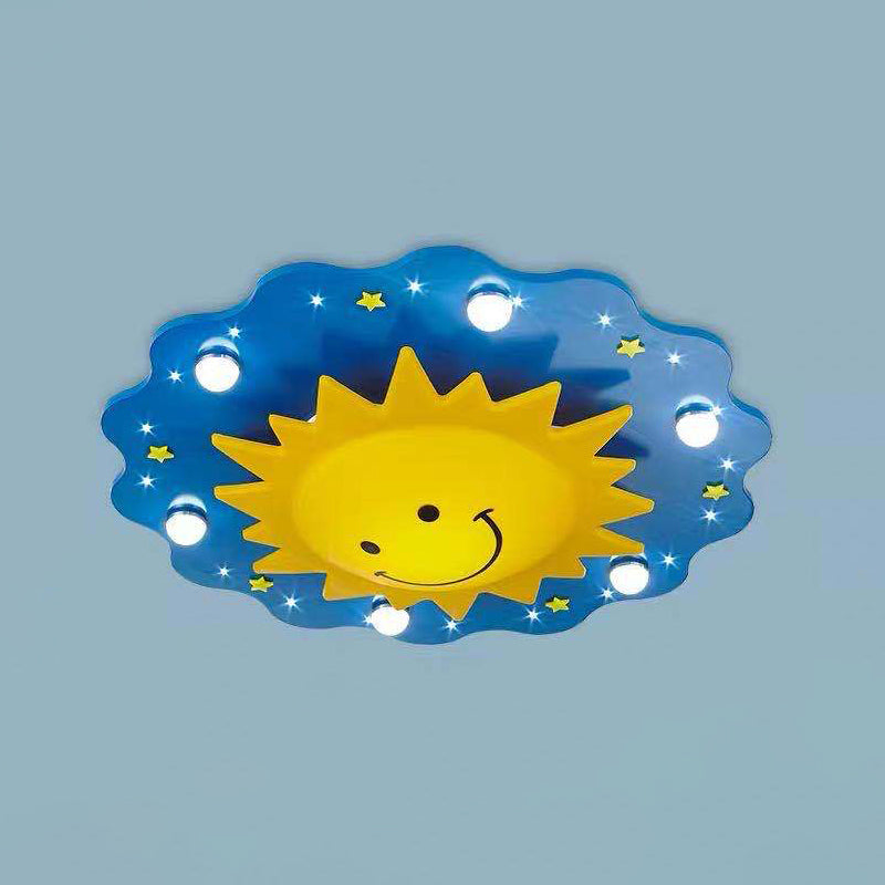 Blue Sun Flush Mount Lamp Cartoon 7 Heads Wood Flushmount Ceiling Fixture for Nursery Clearhalo 'Ceiling Lights' 'Close To Ceiling Lights' 'Close to ceiling' 'Flush mount' Lighting' 2031015