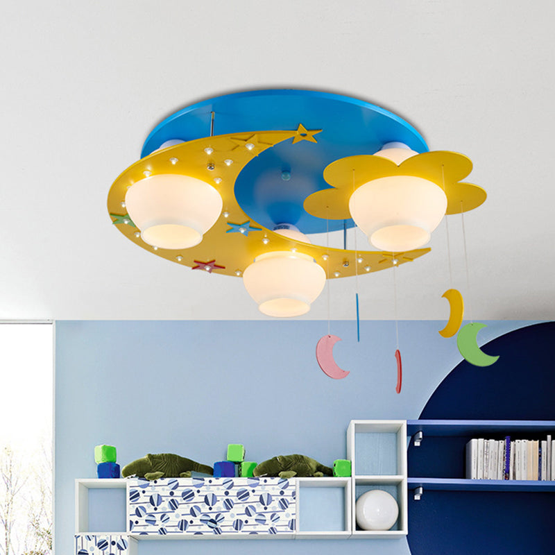 Wood Moon Flush Mount Lamp Kid 3 Bulbs Blue Flush Ceiling Light with Blown Glass Shade Blue Clearhalo 'Ceiling Lights' 'Close To Ceiling Lights' 'Close to ceiling' 'Flush mount' Lighting' 2031016