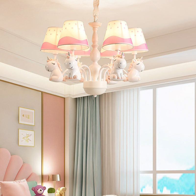 Unicorn Chandelier Lamp Cartoon Resin 5 Bulbs Nursery Hanging Light with Empire Fabric Shade Clearhalo 'Ceiling Lights' 'Chandeliers' Lighting' options 2031097