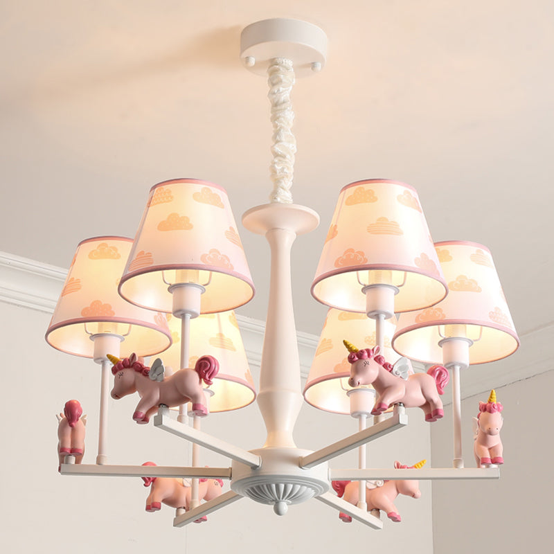 Unicorn Resin Suspension Lighting Cartoon Pink Chandelier Light Fixture with Empire Fabric Shade Clearhalo 'Ceiling Lights' 'Chandeliers' Lighting' options 2031130