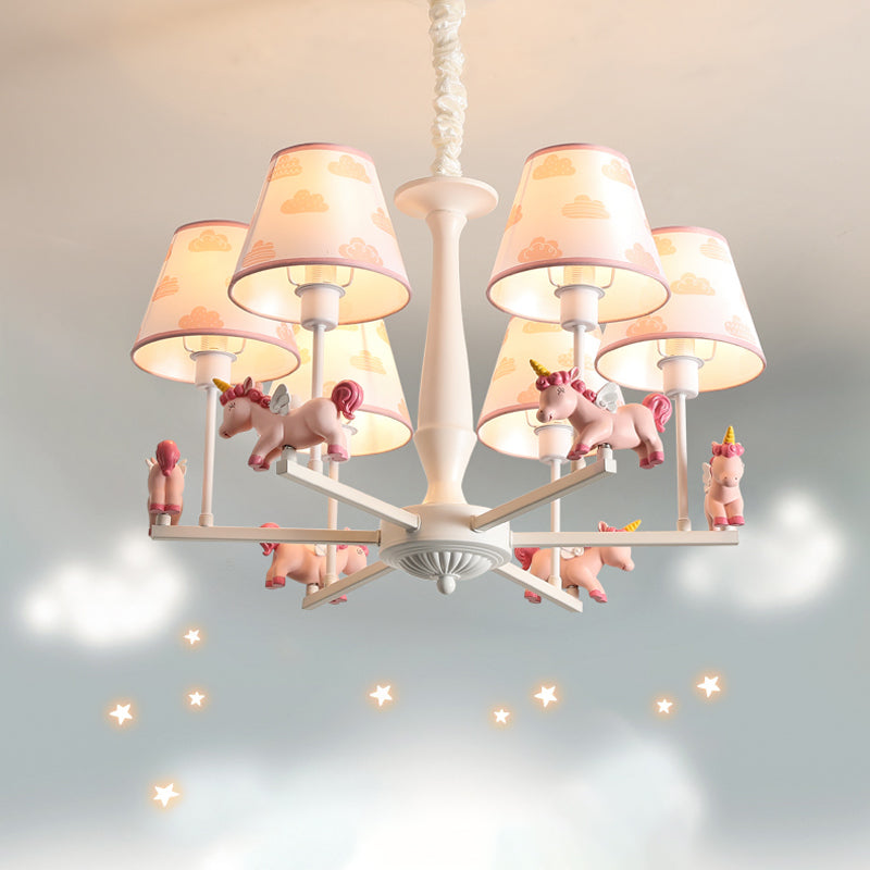 Unicorn Resin Suspension Lighting Cartoon Pink Chandelier Light Fixture with Empire Fabric Shade Clearhalo 'Ceiling Lights' 'Chandeliers' Lighting' options 2031132
