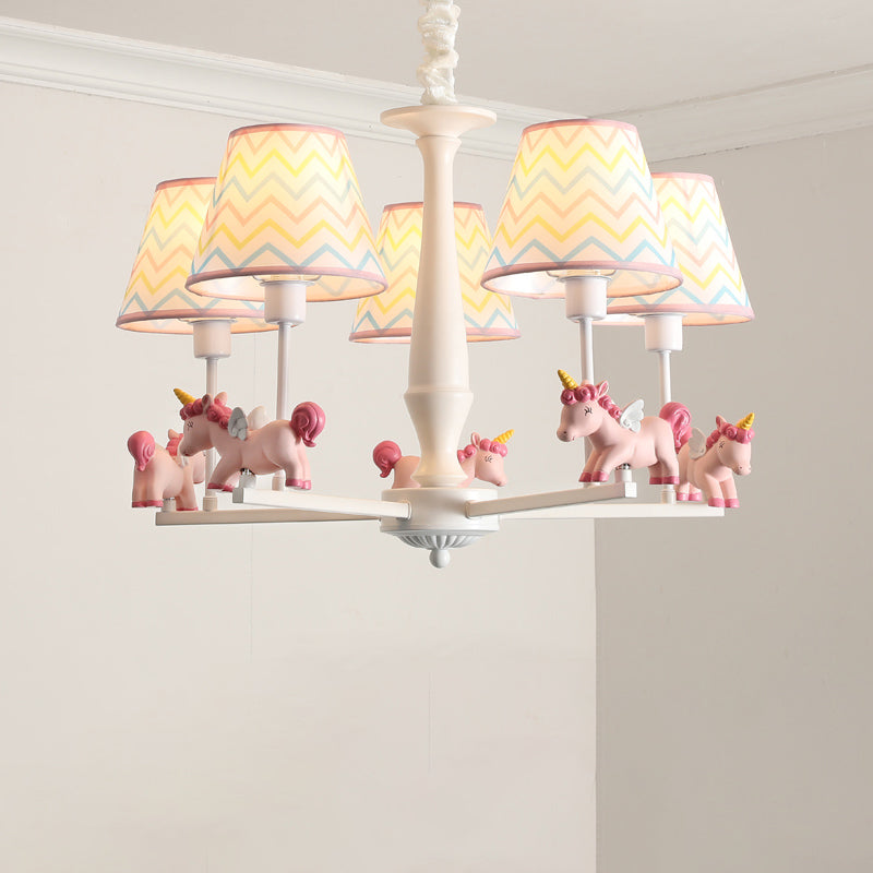 Unicorn Resin Suspension Lighting Cartoon Pink Chandelier Light Fixture with Empire Fabric Shade Clearhalo 'Ceiling Lights' 'Chandeliers' Lighting' options 2031135
