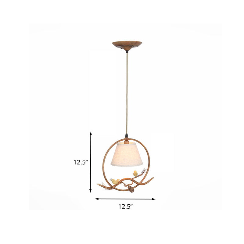 1 Light Cone Pendant Lighting Country Rust Fabric Hanging Ceiling Light with Metal Frame and Bird Decoration Clearhalo 'Ceiling Lights' 'Pendant Lights' 'Pendants' Lighting' 203291