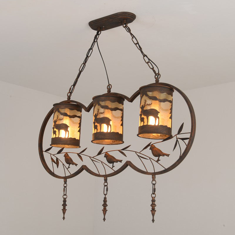 Bronze 1/2/3 Lights Pendant Lighting Rustic Fabric Cylinder Hanging Lamp for Restaurant with Metal Ring and Bird Clearhalo 'Ceiling Lights' 'Pendant Lights' 'Pendants' Lighting' 203401