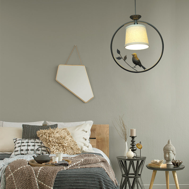 Tapered Fabric Pendant Light Minimalist 1 Light Bedroom Ceiling Light with Black/Black-Gold Ring Frame Clearhalo 'Ceiling Lights' 'Pendant Lights' 'Pendants' Lighting' 203513