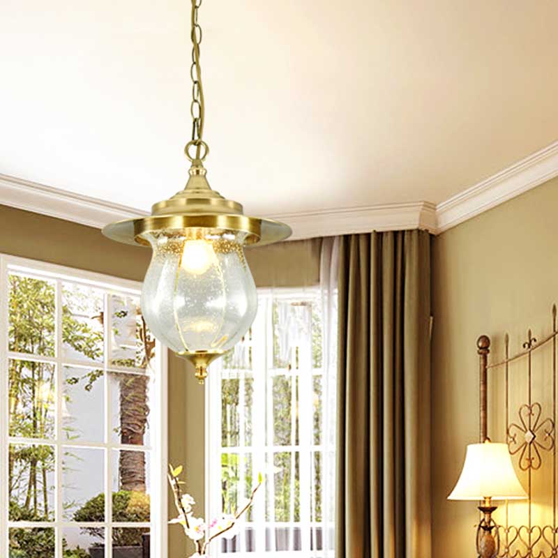 Seeded Glass Urn Pendant Light Colonization 1 Bulb Gold Suspended Lighting Fixture Gold Clearhalo 'Ceiling Lights' 'Glass shade' 'Glass' 'Pendant Lights' 'Pendants' Lighting' 203632