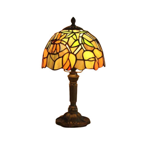 Vintage Rustic Flower/Dragonfly/Leaf Table Lighting Stained Glass 1 Head Standing Light in Bronze for Coffee Shop Clearhalo 'Lamps' 'Table Lamps' Lighting' 20378