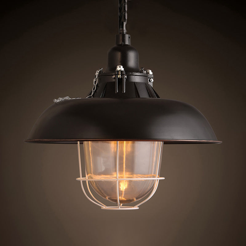 1 Head Bowl Hanging Fixture Industrial Black/Rust Metal and Glass Ceiling Light with Wire Cage for Restaurant Black Clearhalo 'Ceiling Lights' 'Close To Ceiling Lights' 'Glass shade' 'Glass' 'Industrial Pendants' 'Industrial' 'Middle Century Pendants' 'Pendant Lights' 'Pendants' 'Tiffany' Lighting' 203834