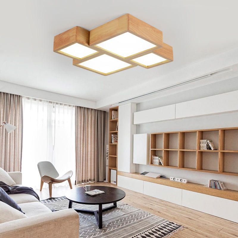 Splicing Squares LED Flush Mount Nordic Wooden Living Room Flushmount Ceiling Light in Beige Clearhalo 'Ceiling Lights' 'Close To Ceiling Lights' 'Close to ceiling' 'Flush mount' Lighting' 2038556