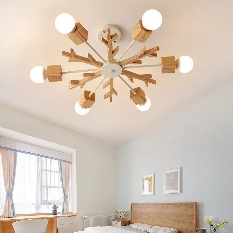 Branches Wooden Semi Flush Mount Light Nordic Beige LED Ceiling Light Flush Mount for Bedroom 6 Wood Clearhalo 'Ceiling Lights' 'Close To Ceiling Lights' 'Close to ceiling' 'Flush mount' Lighting' 2038621