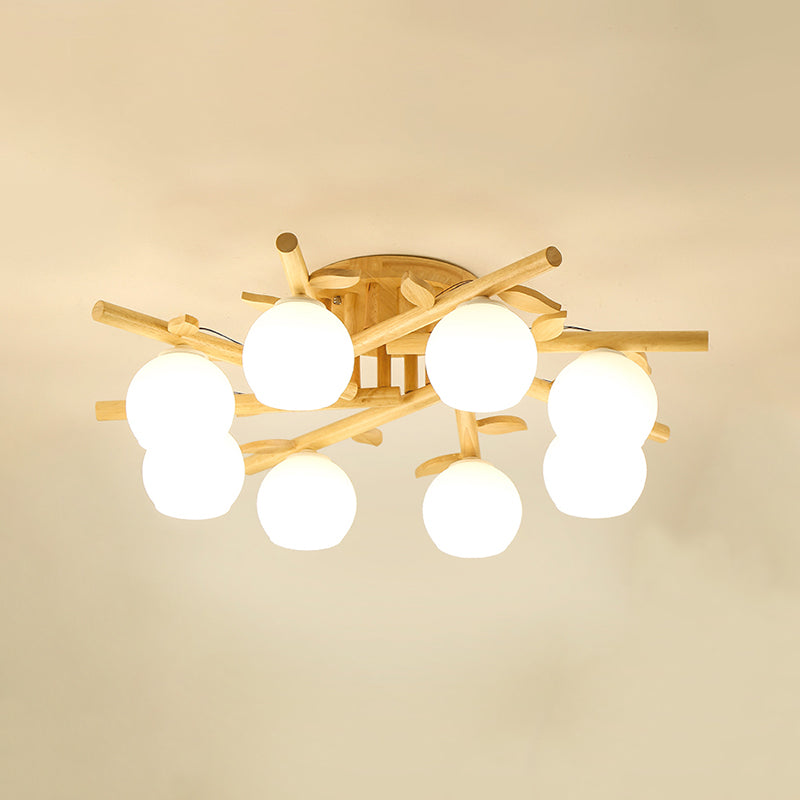 Cream Glass Sphere Flush Mount Light Nordic Wood Semi Flush Light with Branch-Like Decor Clearhalo 'Ceiling Lights' 'Close To Ceiling Lights' 'Close to ceiling' 'Flush mount' Lighting' 2038634