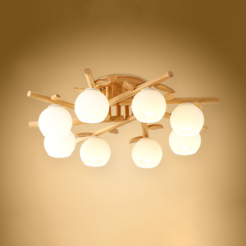 Cream Glass Sphere Flush Mount Light Nordic Wood Semi Flush Light with Branch-Like Decor Clearhalo 'Ceiling Lights' 'Close To Ceiling Lights' 'Close to ceiling' 'Flush mount' Lighting' 2038635