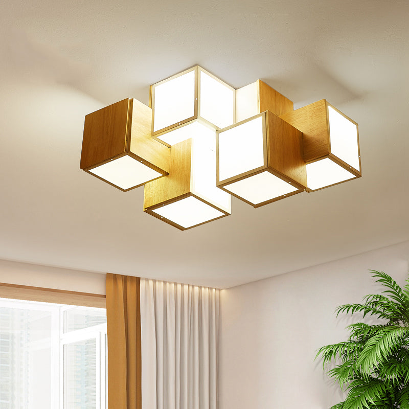 Cube Flush Ceiling Light Modern Wooden Beige Flush Mount Lighting Fixture for Bedroom Clearhalo 'Ceiling Lights' 'Close To Ceiling Lights' 'Close to ceiling' 'Flush mount' Lighting' 2038649